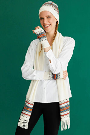 Desen Triko Kadın Kenarları Jakarlı Püsküllü Yün Kaşkol 25075 Kemik