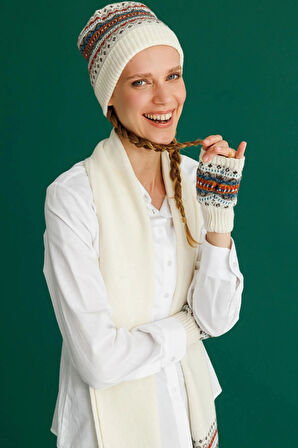 Desen Triko Kadın Kenarları Jakarlı Püsküllü Yün Kaşkol 25075 Kemik