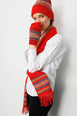 Desen Triko Kadın Kenarları Jakarlı Püsküllü Yün Kaşkol 25075 Mercan