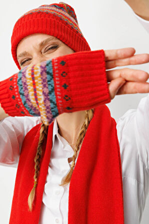 Desen Triko Kadın Kenarları Jakarlı Püsküllü Yün Kaşkol 25075 Mercan