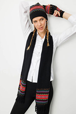 Desen Triko Kadın Kenarları Jakarlı Püsküllü Yün Kaşkol 25075 Siyah