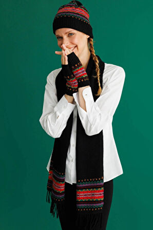 Desen Triko Kadın Kenarları Jakarlı Püsküllü Yün Kaşkol 25075 Siyah