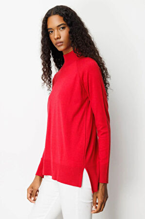 Desen Triko Kadın Yarım Balıkçı Yaka Yanları Yırtmaçlı Kazak 02422305 K.Kırmızı