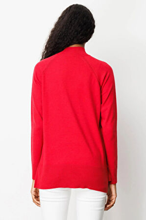 Desen Triko Kadın Yarım Balıkçı Yaka Yanları Yırtmaçlı Kazak 02422305 K.Kırmızı