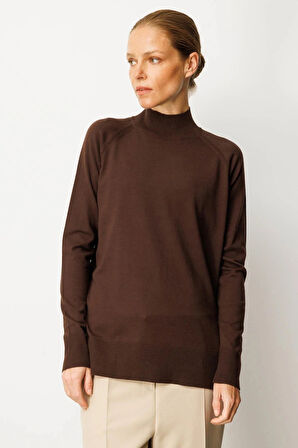 Desen Triko Kadın Yarım Balıkçı Yaka Yanları Yırtmaçlı Kazak 02422305 Koyu Kahve