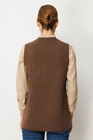 Desen Triko Kadın V Yaka Cebi Tığlamalı Yün Yelek 25020 D.Kahve