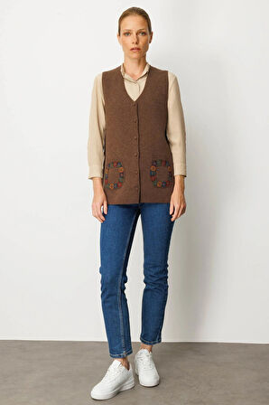 Desen Triko Kadın V Yaka Cebi Tığlamalı Yün Yelek 25020 D.Kahve