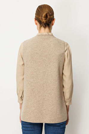 Desen Triko Kadın V Yaka Cebi Tığlamalı Yün Yelek 25020 K. Bej