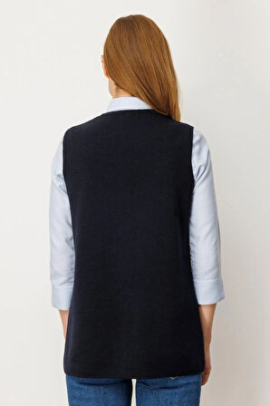 Desen Triko Kadın V Yaka Cebi Tığlamalı Yün Yelek 25020 Koyu Lacivert