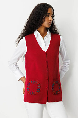 Desen Triko Kadın V Yaka Cebi Tığlamalı Yün Yelek 25020 Vişne Çürüğü