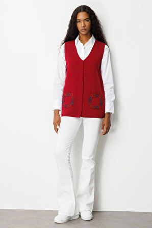 Desen Triko Kadın V Yaka Cebi Tığlamalı Yün Yelek 25020 Vişne Çürüğü