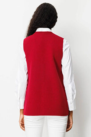 Desen Triko Kadın V Yaka Cebi Tığlamalı Yün Yelek 25020 Vişne Çürüğü