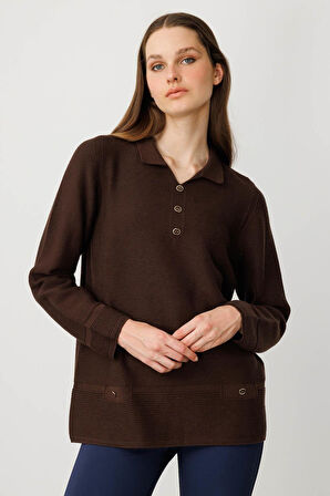 Desen Triko Kadın Polo Yaka Sahte Cepli Bluz 25243 Kahverengi