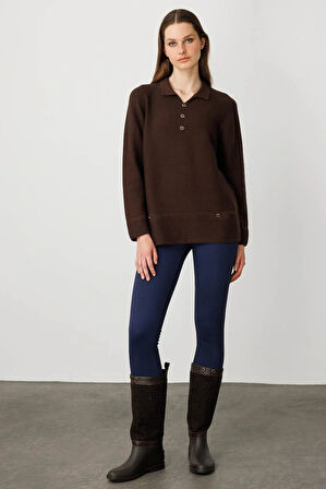 Desen Triko Kadın Polo Yaka Sahte Cepli Bluz 25243 Kahverengi