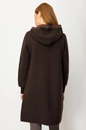 Desen Triko Kadın Kapüşonlu Önü Keçe Yün Kaban 25019 Koyu Kahve
