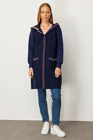 Desen Triko Kadın Kapüşonlu Önü Keçe Yün Kaban 25019 Y.A. Lacivert