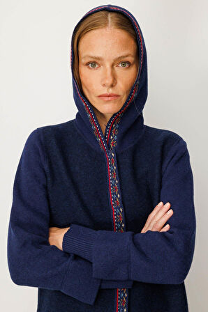 Desen Triko Kadın Kapüşonlu Önü Keçe Yün Kaban 25019 Y.A. Lacivert