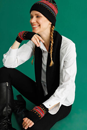 Desen Triko Kadın Jakarlı Yün Bere 25074 Siyah