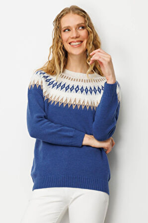 Desen Triko Kadın Sıfır Yaka Robası Baklavalı Yün Kazak 25218 Mavi