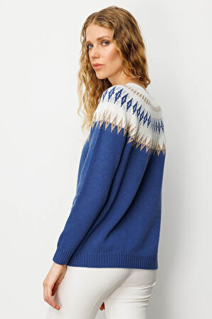 Desen Triko Kadın Sıfır Yaka Robası Baklavalı Yün Kazak 25218 Mavi