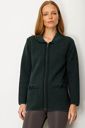 Desen Triko Kadın Polo Yaka Cebi Nakış İşlemeli Yün Hırka 25032 Yeşil