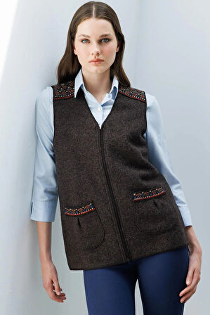 Desen Triko Kadın V Yaka Önü Keçe Fermuarlı Kısa Yün Yelek 25017 Koyu Kahve