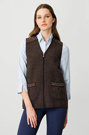 Desen Triko Kadın V Yaka Önü Keçe Fermuarlı Kısa Yün Yelek 25017 Koyu Kahve