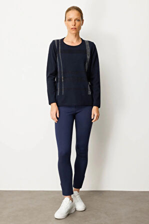 Desen Triko Kadın Sıfır Yaka Sim Çizgili Taşlı Yün Bluz 25026 Koyu Lacivert