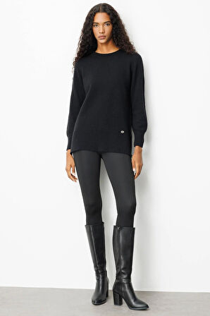 Desen Triko Kadın Sıfır Yaka Yanı Yırtmaçlı Yün Kazak 25214 Siyah