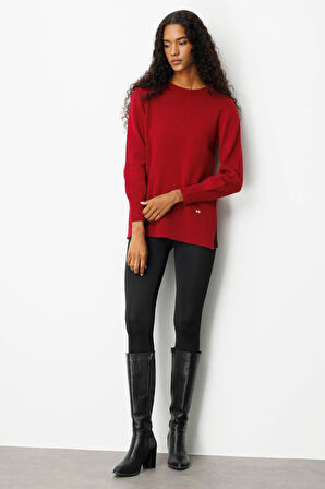 Desen Triko Kadın Sıfır Yaka Yanı Yırtmaçlı Yün Kazak 25214 Vişne Çürüğü