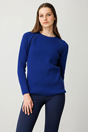 Desen Triko Kadın Sıfır Yaka Boncuklu Yün Kazak 25206 K.S. Mavi