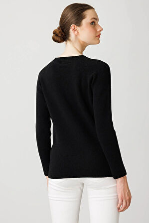 Desen Triko Kadın Sıfır Yaka Boncuklu Yün Kazak 25206 Siyah