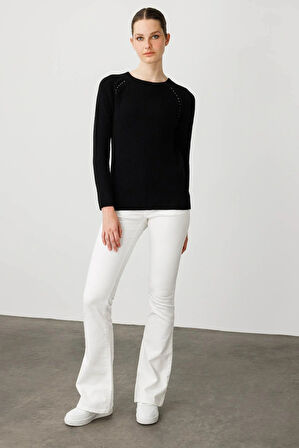 Desen Triko Kadın Sıfır Yaka Boncuklu Yün Kazak 25206 Siyah