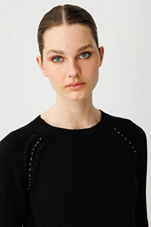 Desen Triko Kadın Sıfır Yaka Boncuklu Yün Kazak 25206 Siyah