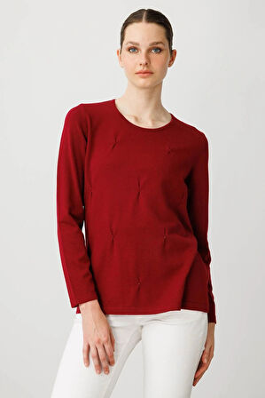 Desen Triko Kadın Sıfır Yaka Önü Pileli Boncuklu Ligralı Bluz 25095 Vişne Çürüğü