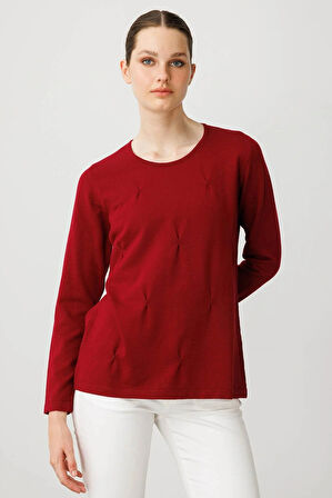 Desen Triko Kadın Sıfır Yaka Önü Pileli Boncuklu Ligralı Bluz 25095 Vişne Çürüğü