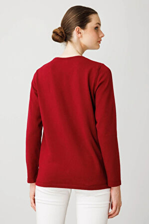 Desen Triko Kadın Sıfır Yaka Önü Pileli Boncuklu Ligralı Bluz 25095 Vişne Çürüğü