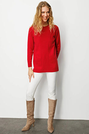 Desen Triko Kadın Sıfır Yaka Önü Çizgili Örgü Kazak 25250 K.Kırmızı