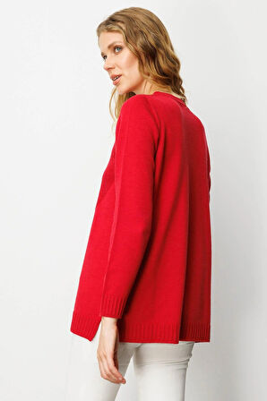 Desen Triko Kadın Sıfır Yaka Önü Çizgili Örgü Kazak 25250 K.Kırmızı