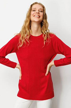 Desen Triko Kadın Sıfır Yaka Önü Çizgili Örgü Kazak 25250 K.Kırmızı