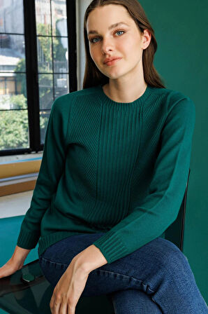 Desen Triko Kadın Sıfır Yaka Önü Çizgili Örgü Kazak 25250 Ö. Başı