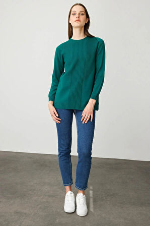 Desen Triko Kadın Sıfır Yaka Önü Çizgili Örgü Kazak 25250 Ö. Başı