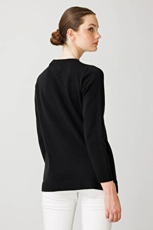 Desen Triko Kadın Sıfır Yaka Önü Çizgili Örgü Kazak 25250 Siyah