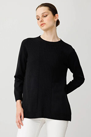 Desen Triko Kadın Sıfır Yaka Önü Çizgili Örgü Kazak 25250 Siyah