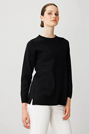 Desen Triko Kadın Sıfır Yaka Önü Çizgili Örgü Kazak 25250 Siyah