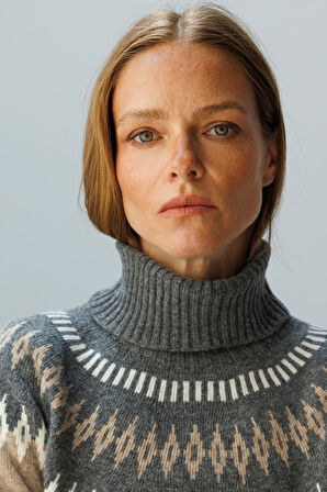 Desen Triko Kadın Tam Balıkçı Yaka Robası Baklavalı Yün Kazak 25219 K. Bej