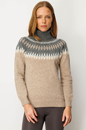 Desen Triko Kadın Tam Balıkçı Yaka Robası Baklavalı Yün Kazak 25219 K. Bej