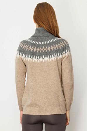 Desen Triko Kadın Tam Balıkçı Yaka Robası Baklavalı Yün Kazak 25219 K. Bej