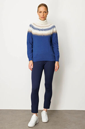 Desen Triko Kadın Tam Balıkçı Yaka Robası Baklavalı Yün Kazak 25219 Mavi