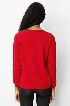 Desen Triko Kadın Sıfır Yaka Cebi ve Yakası Tığlamalı Yün Kazak 25201 K.Kırmızı